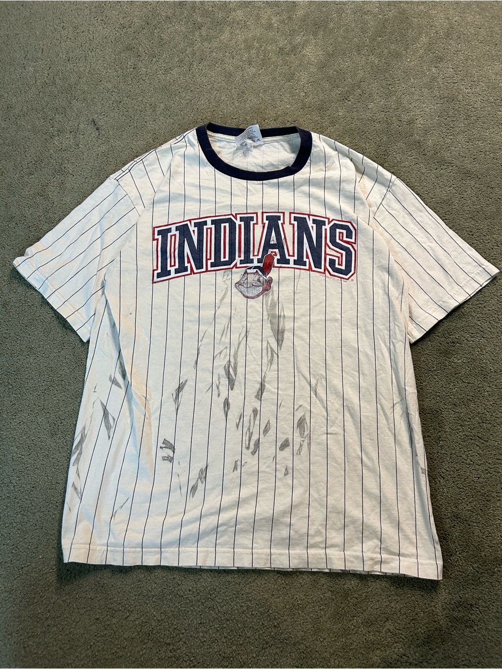 Vintage 90s Cleveland Indians Pinstripe AOP T Shirt Size Large Made In USA MLB